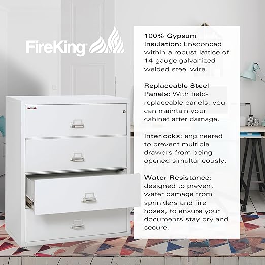 FireKing Fireproof Lateral File Cabinet (4 Drawers, Impact Resistant, Water Resistant), 44" W x 22" D, Arctic White, Made in USA