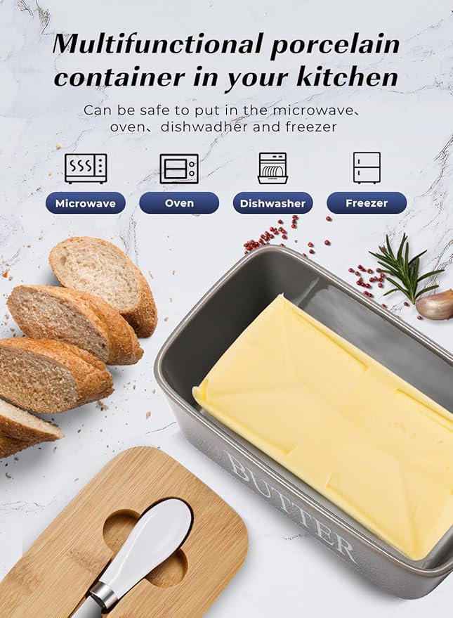 Butter Dish with Lid: Large Butter Container for Countertop - Ceramic Butter Holder for Counter - Butter Tray Butter Keeper with Knife and Sponge Scrubber - Perfect for 2 Sticks of Butter Grey