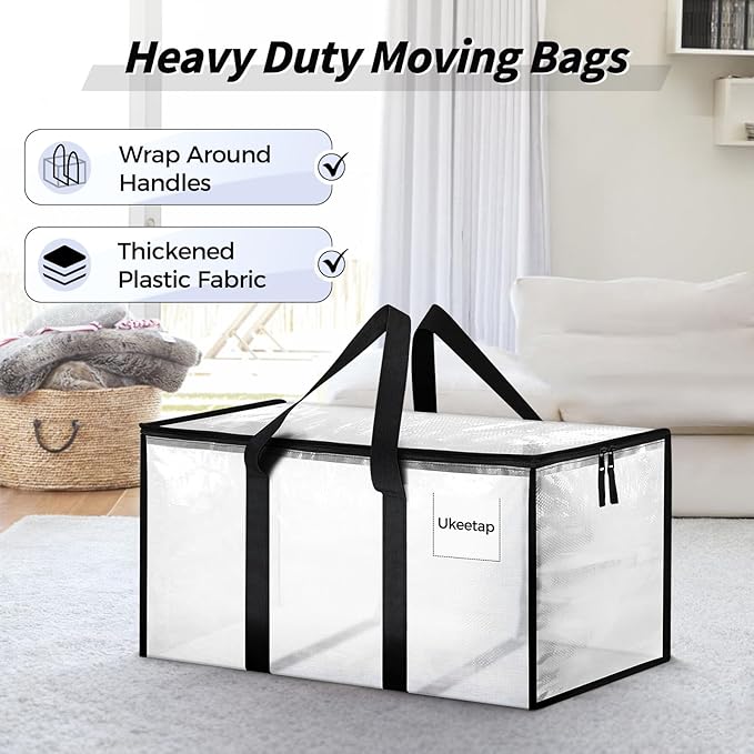 8 Pack Extra Large Heavy Duty Moving Bags, Clear Storage Bins with Lids, Reinforced Handles & Heavy-Duty Zippers Moving Boxes Storage Bags Totes for Clothes Packing, Dorms, College Supplies, Clear