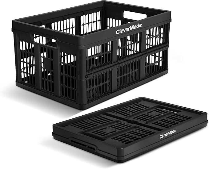 CleverMade Collapsible Utility Crates-Obsidian 1pck 45L / 11 Gal holds 66 lbs - Stackable Containers Heavy Duty Capacity Crates - Space-Saving Baskets