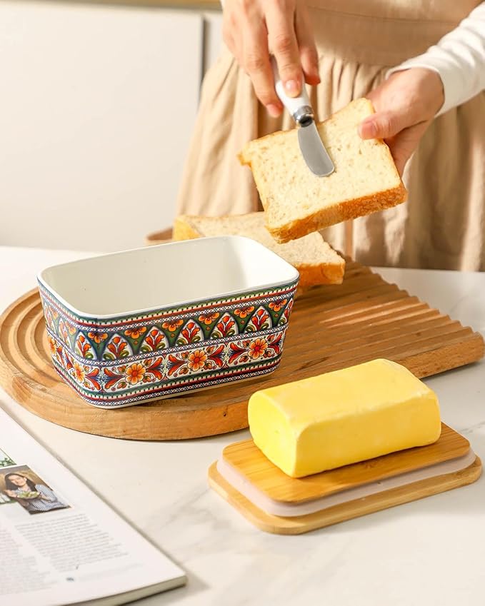 Hasense Bohemian Butter Dish, Farmhouse Ceramic Butter Dish with Lid for Fridge, Butter Container Holder with Cover or Fridge,Silicone Sealing, Holds Two Sticks of Butter, Green