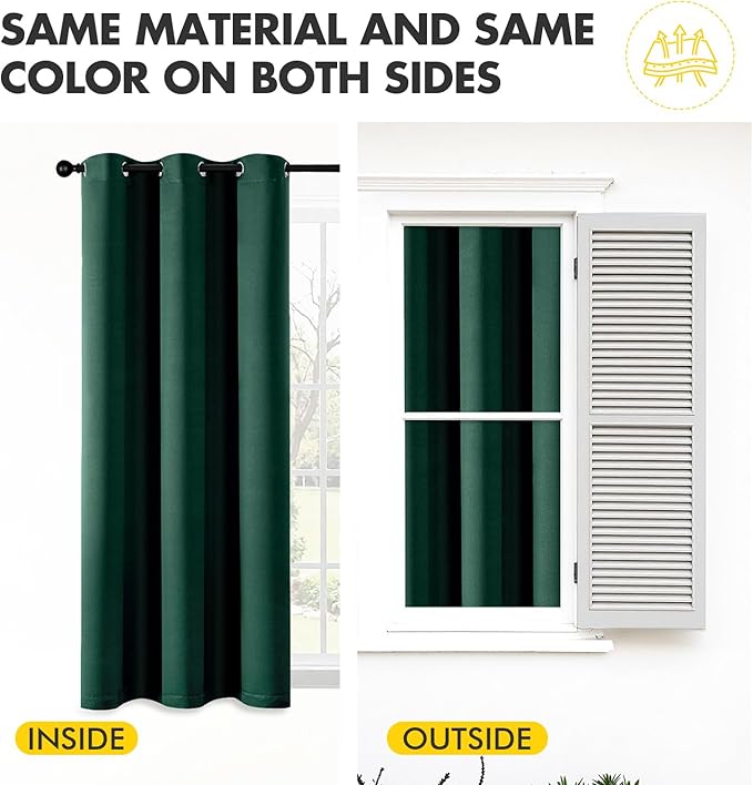 MIULEE Hunter Green Blackout Curtains for Bedroom Living Room 63 Inches Long 2 Panels, Thermal Insulated Room Darkening Drapes Solid Grommet Top Noise Reduction Emerald Green Curtains 40x63 Inch