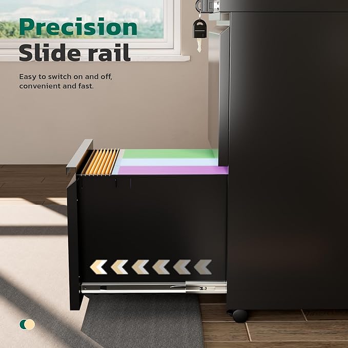 Greenvelly 2 Drawer Mobile File Cabinet with Lock, Metal Filing Cabinet on Wheels, Under Desk File Cabinet for Home Office Organizer Letter/Legal/A4 File (Assembly Required, Black)