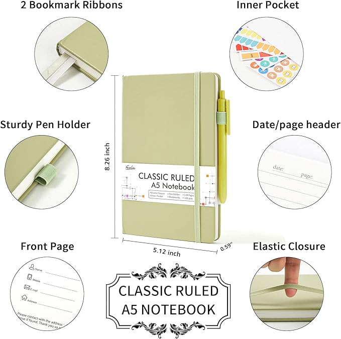 feela 5 Pack Notebooks Journals Bulk, Hardcover Classic Ruled Lined Journals with Pen Holder for Women Girls School Business Supplies, with 5 Black Pens, 120 GSM, 5.1”x8.3”, A5, Avocado Green