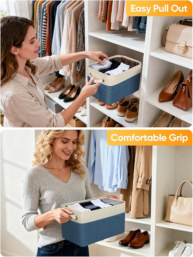 BALEINE 4 Pack Fabric Storage Bins for Shelves, Linen Storage Baskets for Organizing, Decorative Closet Bins for Clothes, Home (Navy Blue, 14''x10''x8.5'')