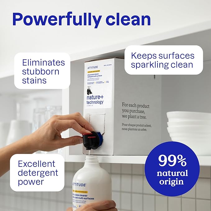 ATTITUDE All Purpose Cleaner Spray, EWG Verified, Vegan, Made with 94% Plant-Based Ingredients, Streak-Free for Kitchen, Bathroom, Glass & More, Unscented, 27.1 Fl Oz (Pack of 6)