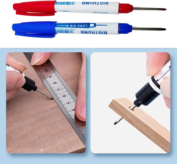 8pcs Waterproof Deep Reach Markers, Long Nose in 2mm Felt Tip, 30mm Reach Permanent Pens, Deep Hole Carpenter Ink for Builders Construction