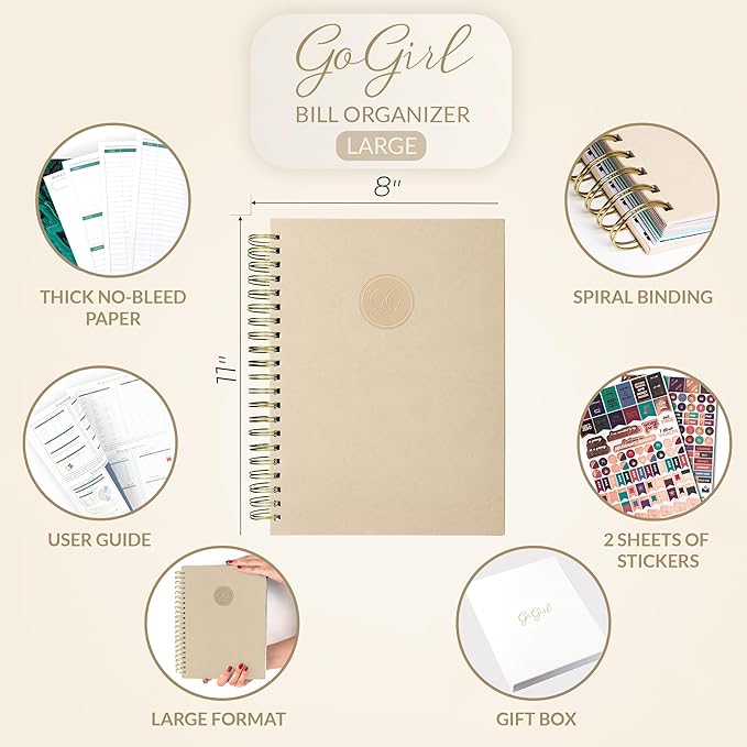 GoGirl Budget Planner & Monthly Bill Organizer – Monthly Financial Book with Pockets. Expense Tracker Notebook Journal, Large (Seashell)