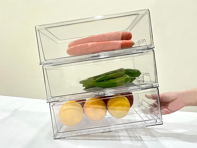 Stackable storage drawers, clear pull-out organizer with handles and non-slip pads for kitchen, refrigerator,office desktop, pantry and shelves, perfect for organization and storage (2 Pack, Medium)