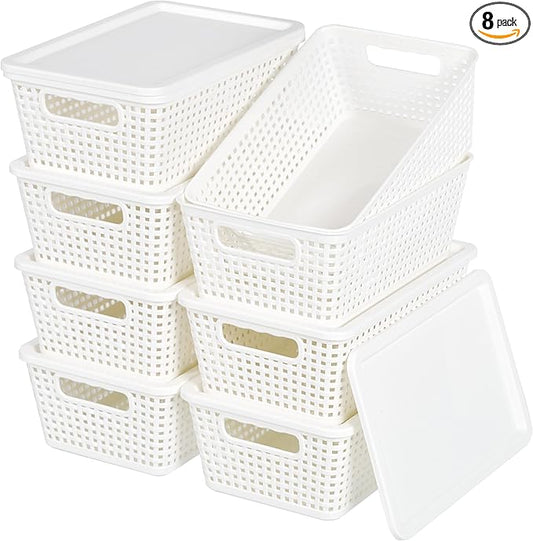 Plastic Storage Baskets With Lid, Storage Bins for Organizing, Stackable Decorative Containers for Shelves Drawers Desktop Closet Playroom Classroom Office, 8 Pack-White