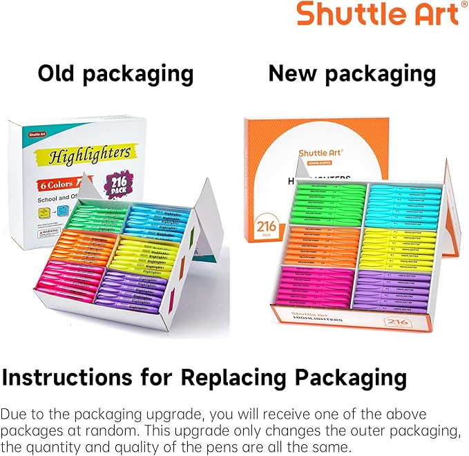 Shuttle Art 216 Pack Highlighters, Highlighters Assorted Colors Set, 6 Bright Colors Chisel Tip Dry-Quickly Non-Toxic Highlighter Markers Bulk for Adults Kids Highlighting in Home School Office