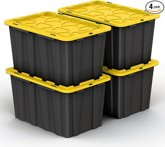 Lifetime Home 4 Pack of Large 17 Gallon Plastic Storage Bin Tote Organizing Container with Secure Latching Lids, Stackable, Extra Strength Clear with Built in Handle - Black and Yellow