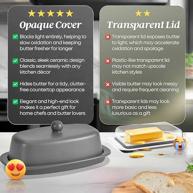 Flexzion Ceramic Gray European Butter Dish with Lid for Countertop (7 Inch) - 1 Stick Butter Holder for Counter, Cream Cheese Container Storage Keeper