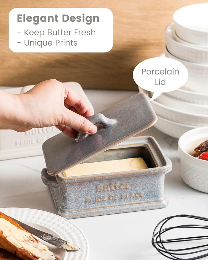Butter Dish with Lid, Ceramic Butter Holder Container Large Butter Dish for Countertop Farmhouse Thanksgiving Christmas Decor Butter Keeper for East West Coast Butter, Gray