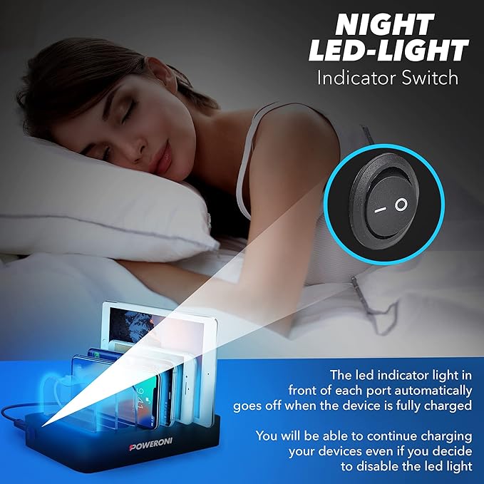 USB Charging Station - 6 Port Universal Charging Station for Multiple Devices - Multi Device Charger Dock - Compatible with Apple, iPad, iPhone, Android Cell Phones, and Tablets - Black