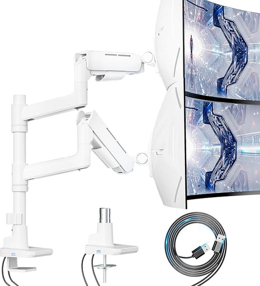 Vertical Dual Monitor Mount for 17-49 Inch Ultrawide Heavy Duty Curved Screen Stacking, Computer Monitor Arm Desk Mount with USB, Gas Spring Adjustable Vesa Stand, White
