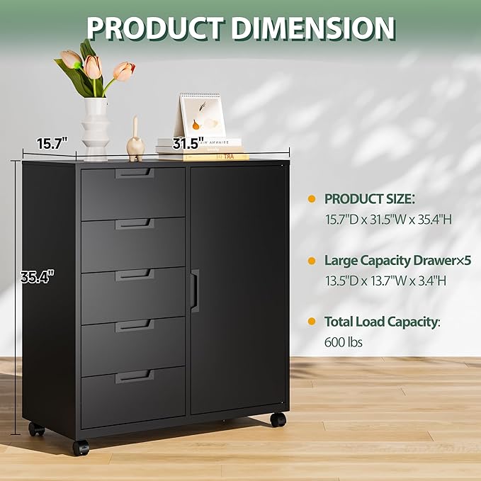 MIIIKO 5 Drawer Storage Cabinet with Door and Shelf, Mobile Lateral Cabinet on Wheels, Office Small Organizer Printer Stand, Black File Cabinets