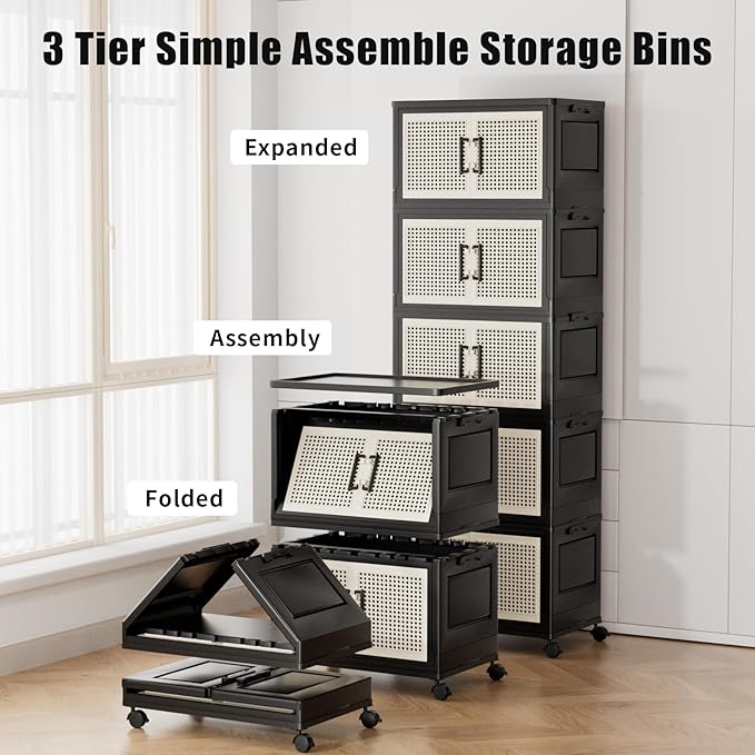 Stackable Storage Bins with Lids,Collapsible Plastic Storage Box Closet Organizers and Storage with Wheels and Magnetic Door for Home Office Dorm (5 Pack)