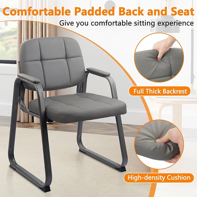 CLATINA Waiting Room Guest Chair with Bonded Leather Padded Arm Rest for Office Reception and Conference Desk Black with Sled Base Grey 8 Pack