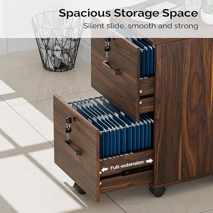 VINGLI 2 Drawer File Cabinet with Lock, Wood Dark Brown File Cabinets for Letter Size File Folders with Tabs, Under Desk Rolling Filing Cabinet for Home Office, Mobile File Organizer Printer Stand