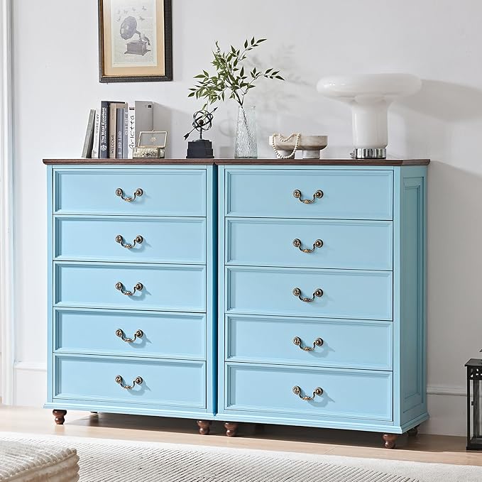 Farmhouse 5 Drawer Dresser for Bedroom, 45" Tall Rustic Chests of Drawers w/ 4 Solid Wood Feet, Mid Century Modern Wooden Closet Storage Dressers Organizer for Living Room, Hallway, Light Blue