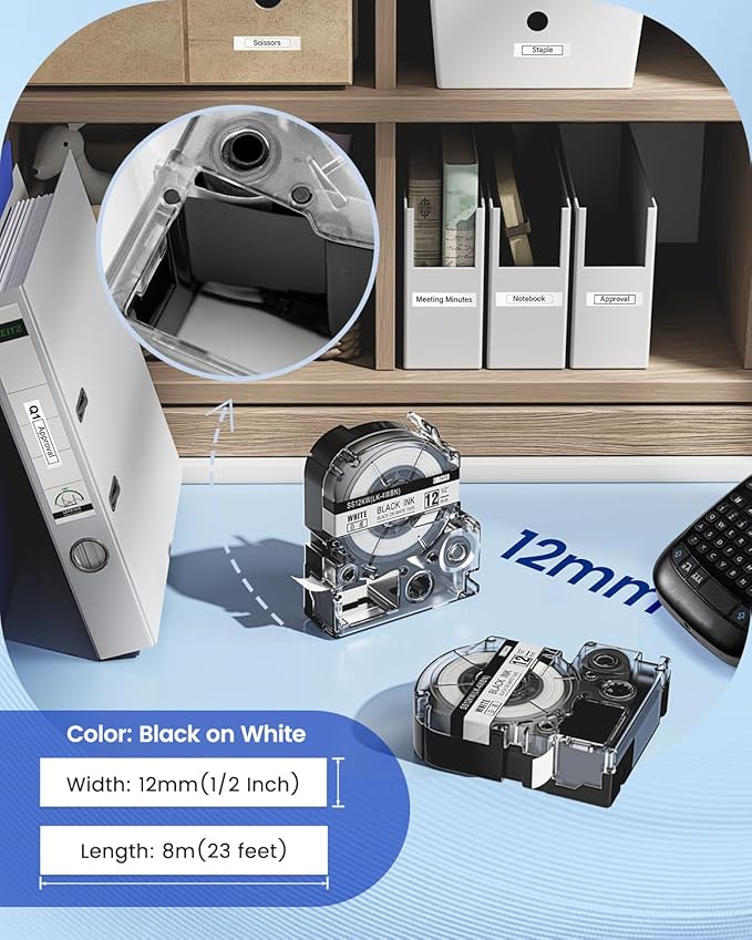 Anycolor LK-4WBN Replace for Epson Label Maker Tape LC-4WBN SS12KW 12mm 0.47" Label Tape Refill Used for Epson LabelWorks LW300 LW400 LW600P LW700, Black on White, 1/2" x 26', 8-Pack