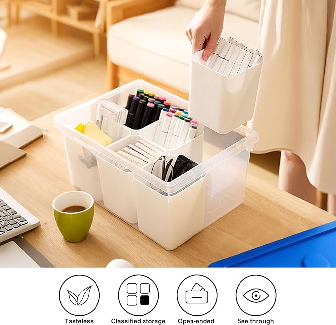 loobuu Plastic Storage Bins with Lids, Art Craft Supply Organizer Box with Brush Pot, Multipurpose Stackable Storage Containers for Organizing Tool, Craft, Crayon,Sewing (Blue)