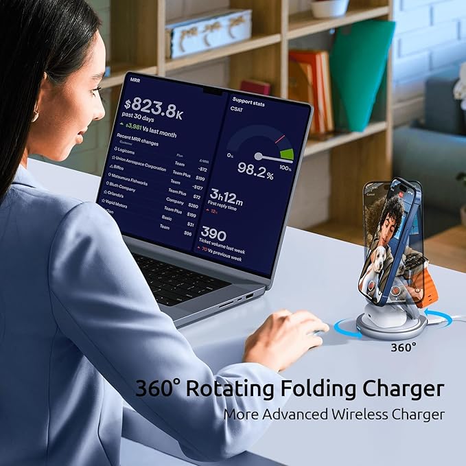 3 in 1 Charging Station for Apple Magsafe Travel Charger for Multiple Devices Aluminum Foldable Magnetic Wireless Charger with 360 Rotating for iPhone 17/16/15/14/13/12 Series,for iWatch,for Airpods