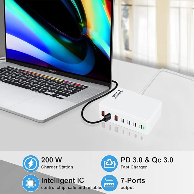 USB C Charger 200W USB C Charger Block, Upgraded GaN 7-Port Fast Charging Station Hub, Laptop Charger Adapter, Compatible with MacBookAir/Pro, DELL, iPhone16/15, iPad, Steam (White)
