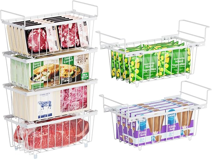 iSPECLE Deep Freezer Organizer Bins - 15.8~18.1 Inch Freezer Baskets for Chest Freezer, 7 Cu.Ft Chest Freezer Organizer Bins, 2 Small Expandable Hanging Baskets and 4 Stackable Bins, 6 Pack, White