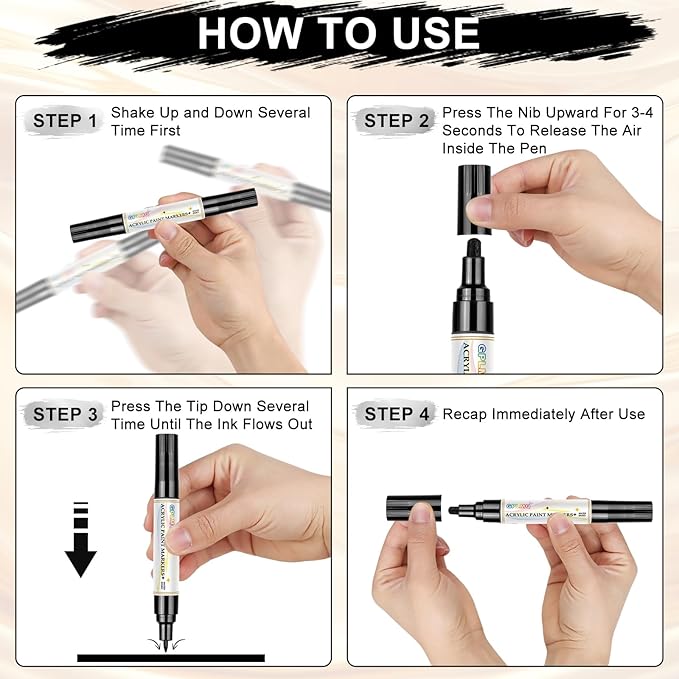 Paint Markers Paint Pens - 2 Pack Dual Tip Acrylic Permanent Marker (0.7mm & 3mm), Non-Toxic, Water-Based for Art Painting, Stone, Ceramic, Glass, Wood, Fabric, Metal, DIY Crafts (Black)