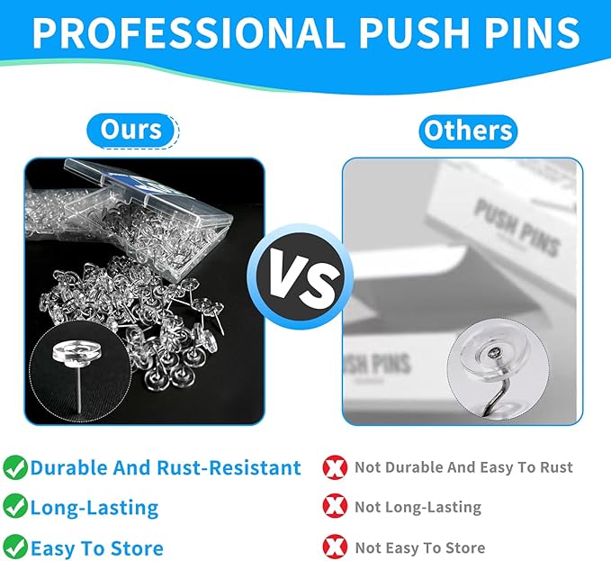 150 PCS Clear Push Pins Tacks Count in Reusable Box for Bulletin Boards and Wall Displays Heavy Duty Plastic Head