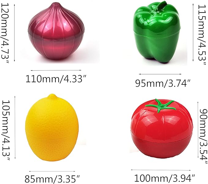 MIAO JIN 4 PCS Fruit and Vegetable Shaped Food Saver Storage Containers Holder Refrigerator Vegetable Crisper(Onion, tomato, lemon, green pepper)