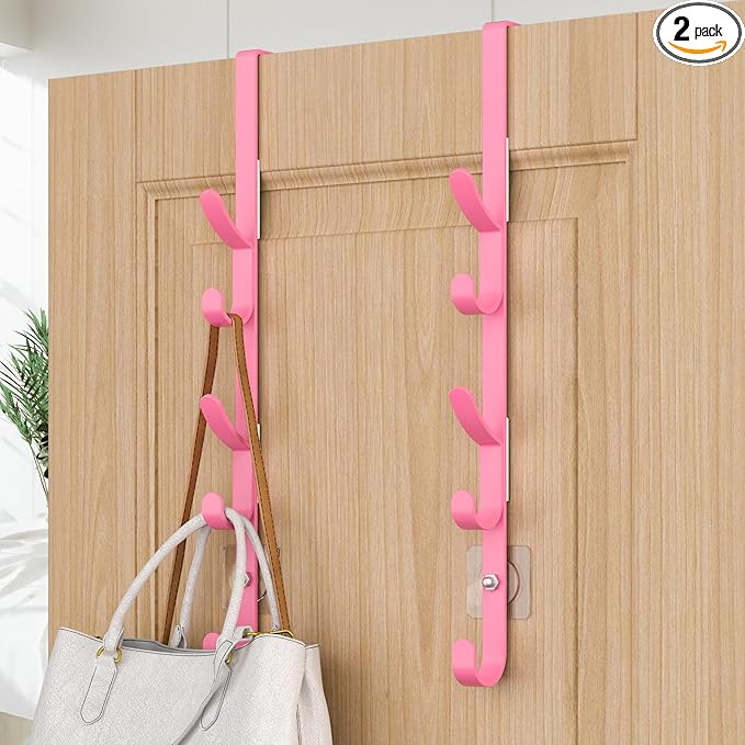 Over The Door Hooks, Metal Door Hooks for Hanging, Over The Door Purse Organizer for Door Coat Hanger, Back of Shower for Hanging Towel Rack Clothes, Hat, Bathroom, Closet (Pink-2Packs)