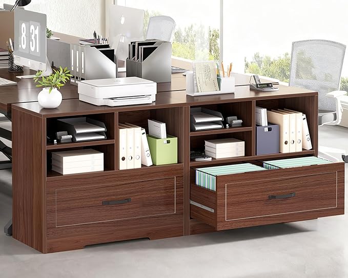 LVB Wood Lateral Filing Cabinet with Drawer, Farmhouse File Cabinet Printer Stand with Storage Shelves, Printer Cabinet Fits A4 Letter Legal Size with Hanging File Folder for Home Office, 32.7" Walnut