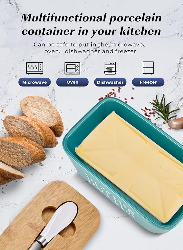 Butter Dish with Lid: Large Butter Container for Countertop - Ceramic Butter Holder for Counter - Butter Tray Butter Keeper with Knife and Sponge Scrubber - Perfect for 2 Sticks of Butter Green