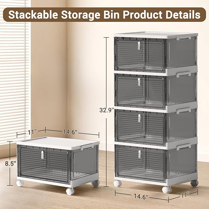 Storage Bins with Lids,4 Tier Stackable Storage Bins with Drawers,4 Pack Collapsible Plastic Boxes with Wheel-1 Lid,23QT Foldable Containers for Closet Living Room Bedroom Office(Grey)