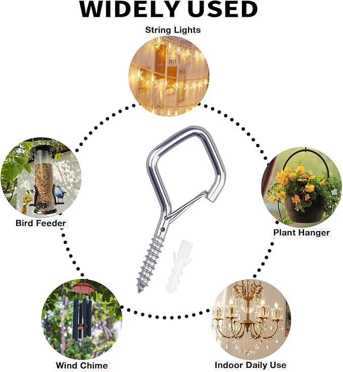 20PCS Eye Screw Hooks for Hanging Heavy Duty with Safety Buckle.Metal Ceiling Hooks for Hanging Plants,Cup,Wind Chime,Bird Feeders,String Lights at Indoor&Outdoor,2.36 Inch(No Drill Bit)