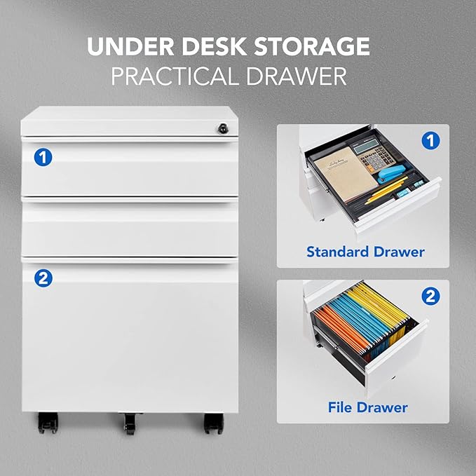 FLEXISPOT Mobile File Cabinet for Home Office Under Desk Storage with Lock Keys 3 Drawer File Cabinet for Legal/Letter/A4 File, White