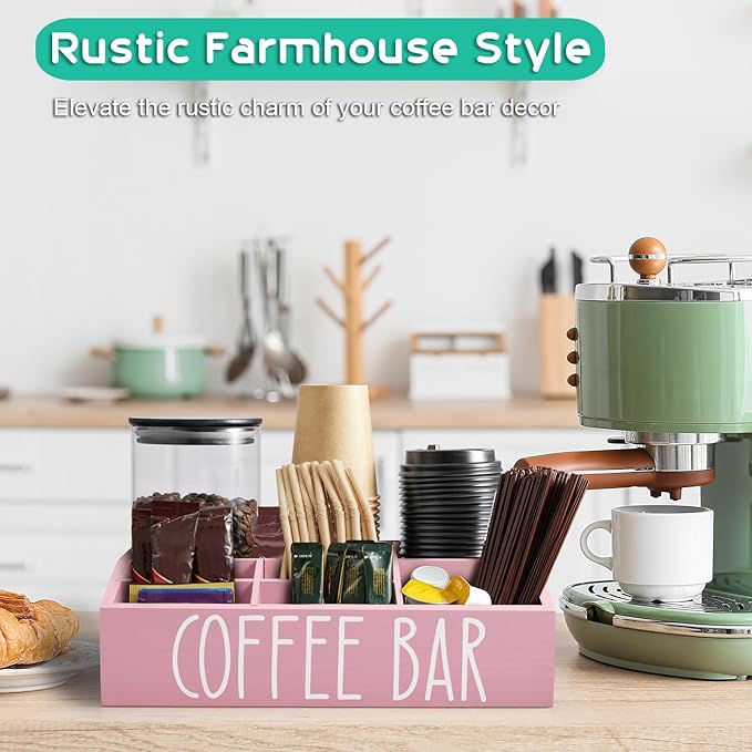 ALELION Pink Coffee Station Organizer for Countertop - 7 Compartments Coffee Bar Accessories and Organizer with Removable Dividers - for Pink Kitchen Coffee Bar Decor