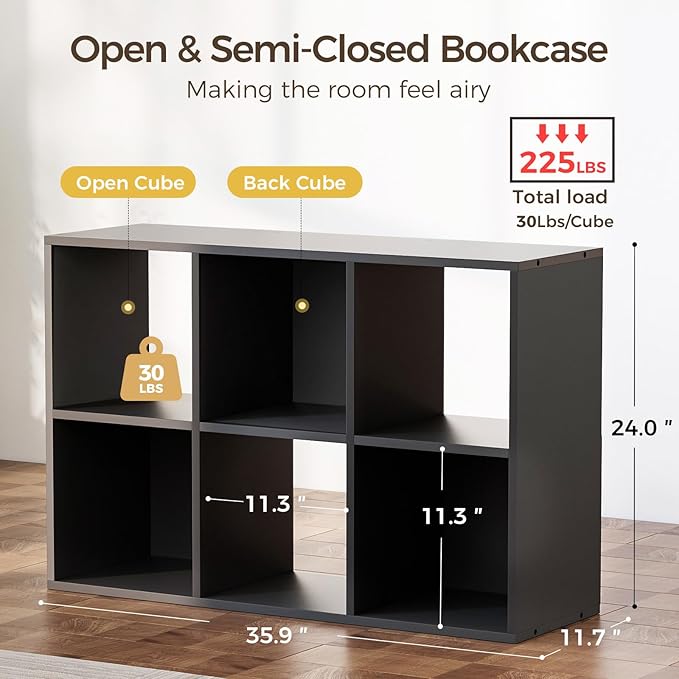 COMHOMA 6 Wood Cube Storage Organizer with Open Back and Removable Back Panels, 11In Black Cube Storage Bookshelf, Cubicle Shelf Bookcase for Home Office Bedroom Living Room, Vertical or Horizontal