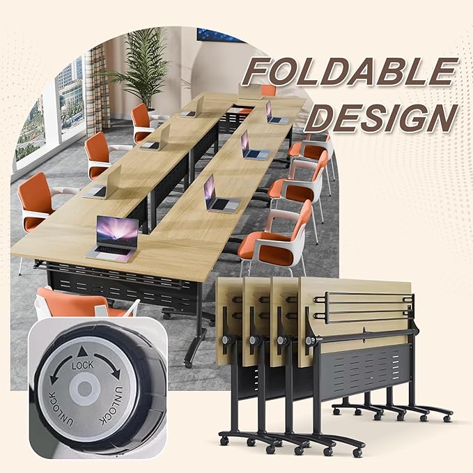 Folding Conference Room Table, Modern Conference Tables with Wheels, Large Rectangular Mobile Training Tables for Office Classroom, Foldable Modular Boardroom Seminar Table Maple (10pack L55.1in)
