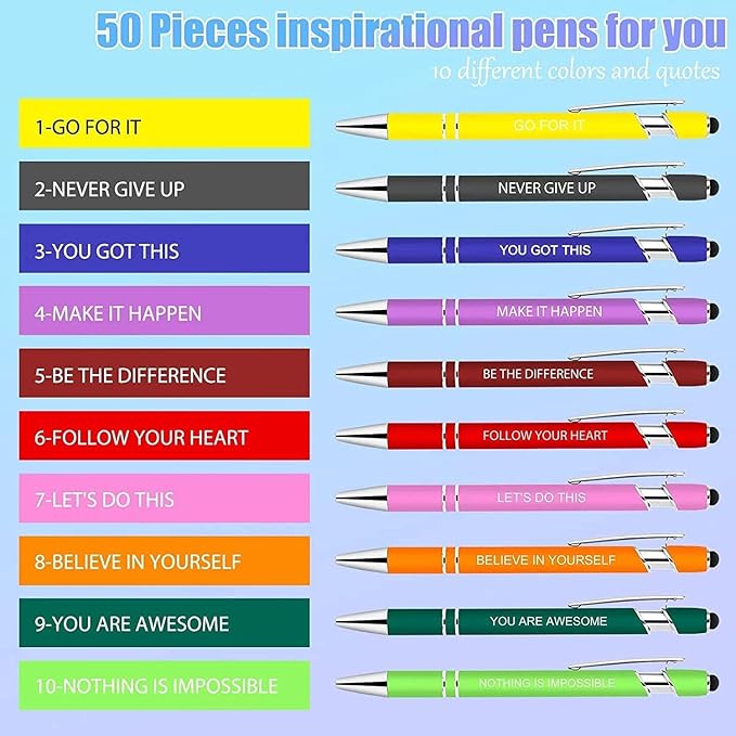 10 Pcs Inspirational Pens - Motivational Ballpoint Pens Bulk with quotes Stylus Tip Gifts for School Coworkers Office Supplies Black Ink