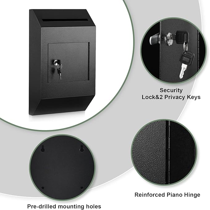 xydled Wall-Mount Mailbox,Heavy Duty Deposit Drop Box Suggestion Box, Locking Metal Key Drop Box with Key Lock, Cash Money Drop Box Safe Storage Box Postbox for Home&Business Use,16.3’’x10’’x4’’,Black