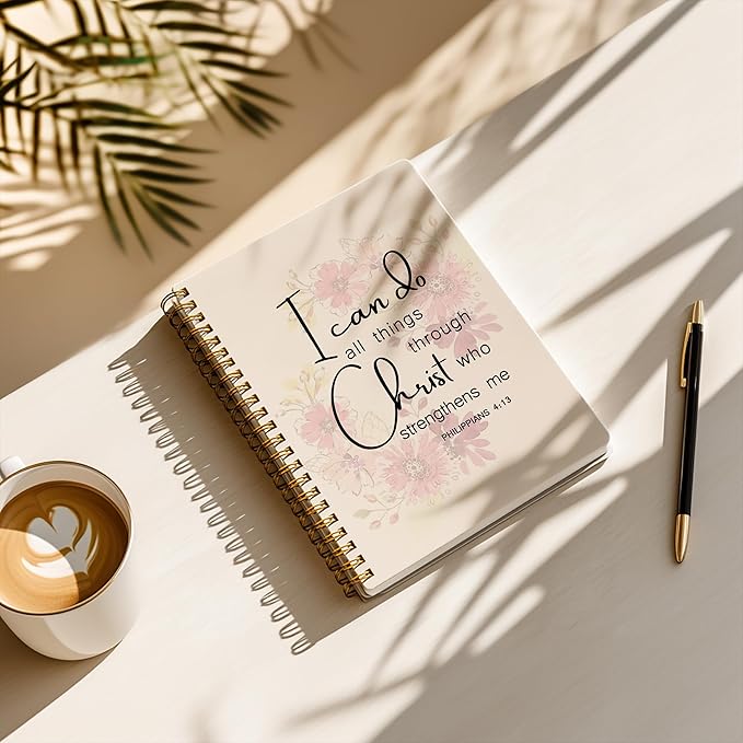 Bible Notebook, A5 Spiral Christian Journal with Pink Floral Notebook, Bible Verse-I Can Do All Things Through Christ Who Strengthens Me, Inspirational Notebooks for Women, Gift for Birthday Christmas