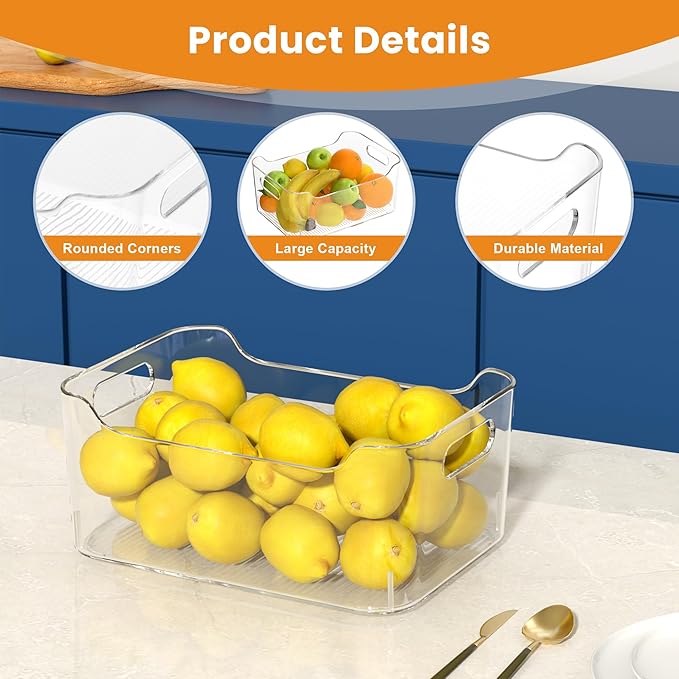 Clear Plastic Storage Bins-Pantry Organizers & Storage Containers-Refrigerator Organizer Bins with Handle - Home Organization Must Haves for Kitchen(Clear 6 Pack-Large)