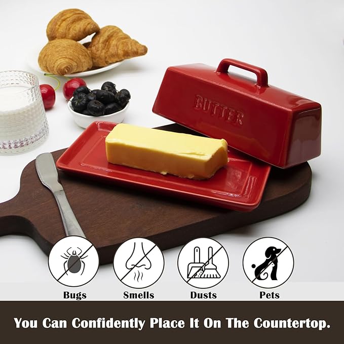 Ceramic Butter Dish With Lid for Countertop, Covered Butter Holder With Lid, Red Butter Container, Butter Tray With Handle