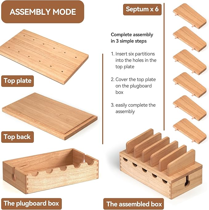 KIRIGEN Wood Charging Station Rack Organizer for Multiple Devices Desktop Organizer with 5 Ports for Cell Phones, Tablets, Earphones Wooden Cable Management DDXH-NA