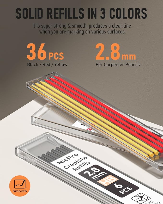 Nicpro 3 Pack Carpenter Pencil Set with Sharpener & Finger Grip, Mechanical Woodworking Pencils with 39 Refills (Red, Black, Yellow), Deep Hole Marker Heavy Duty Construction Pencils - With Case