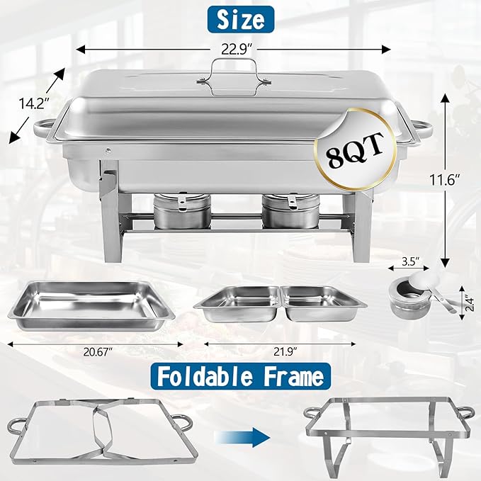 Chafing Dish for Buffet, 6 Pack Stainless Steel Chafing Servers Food Warmer Set with 8QT Half Size Food Pan for Kitchen Party Banquet Dining